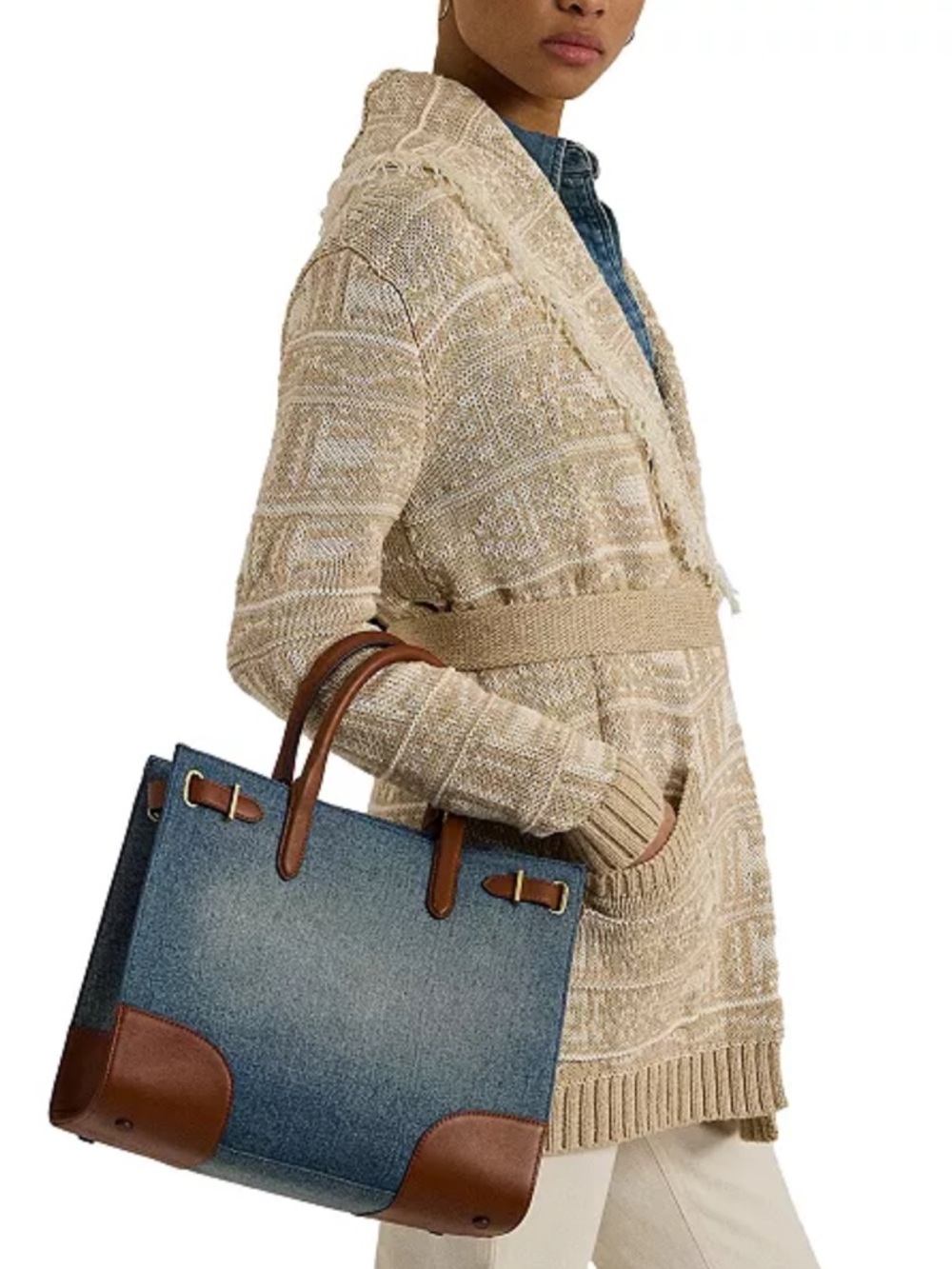 NWT Ralph Lauren Medium Devyn Denim with Leather Trim Tote Bag with dustbag